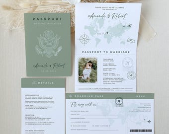 Sofia | Sage Green Passport Wedding Invitation Printable, Destination Wedding Invitation Usa, Travel Wedding Invitation Set Template