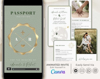 Passport Wedding Invitation Template Video in Sage Green, Video Wedding Invitation Destination Wedding, Travel Wedding Invitation Digital