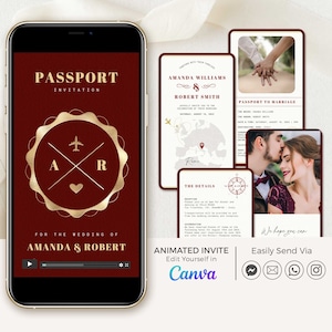 Animated Wedding Invitation Passport Maroon Gold, Travel Wedding Invitation Video Template, Digital Destination Wedding Invitation Passport
