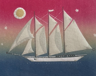 Sailing Ship Linocut Print, Hand-Printed Seascape Art