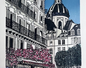 Le Marais Linocut Print: Paris Street Scene, Hand-Printed Art