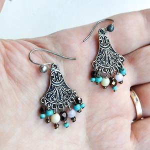 Vintage Beaded Dangle Earrings: Silver Ethnic Tribal Boho Style