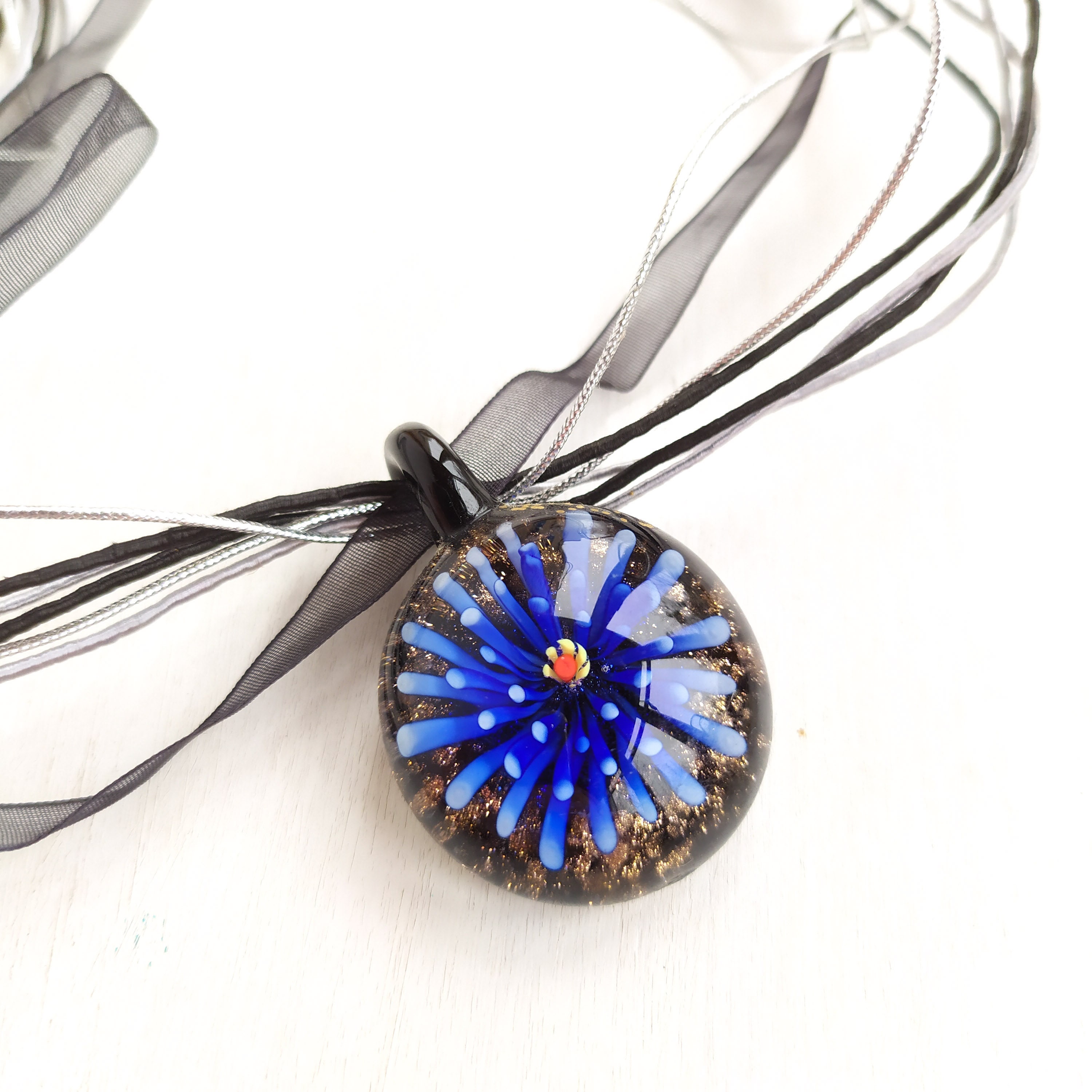 Murano Glass Necklace. Blue flower pendant necklace. Lampwork Etsy