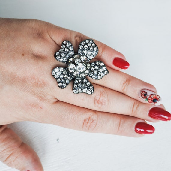 Vintage Black Flower Statement Ring: Gothic Cryst… - image 8