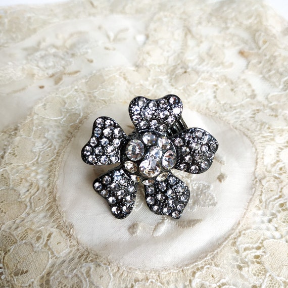 Vintage Black Flower Statement Ring: Gothic Cryst… - image 7