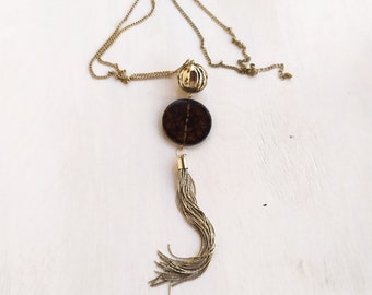 Long chain necklace. Vintage tassel necklace. Brown lucite pendant