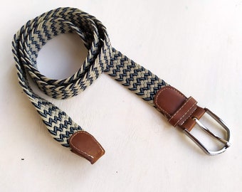 Jaren '80 Vintage gevlochten riem. Grijze en blauwe brede geweven riem voor dames,