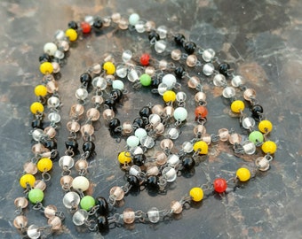 MultiColor Glass Bead Necklace, Antique flapper necklace. Long retro beaded necklace  1950