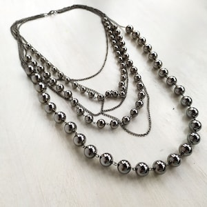 Black Metal Bead Multistrand Necklace: Brutalist Chain Jewelry