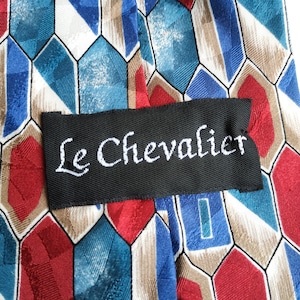 Vintage Italian silk geometric tie, Le Chevalier 1980s 1990s statement necktie, red blue art deco pattern, men's classic silk tie gift