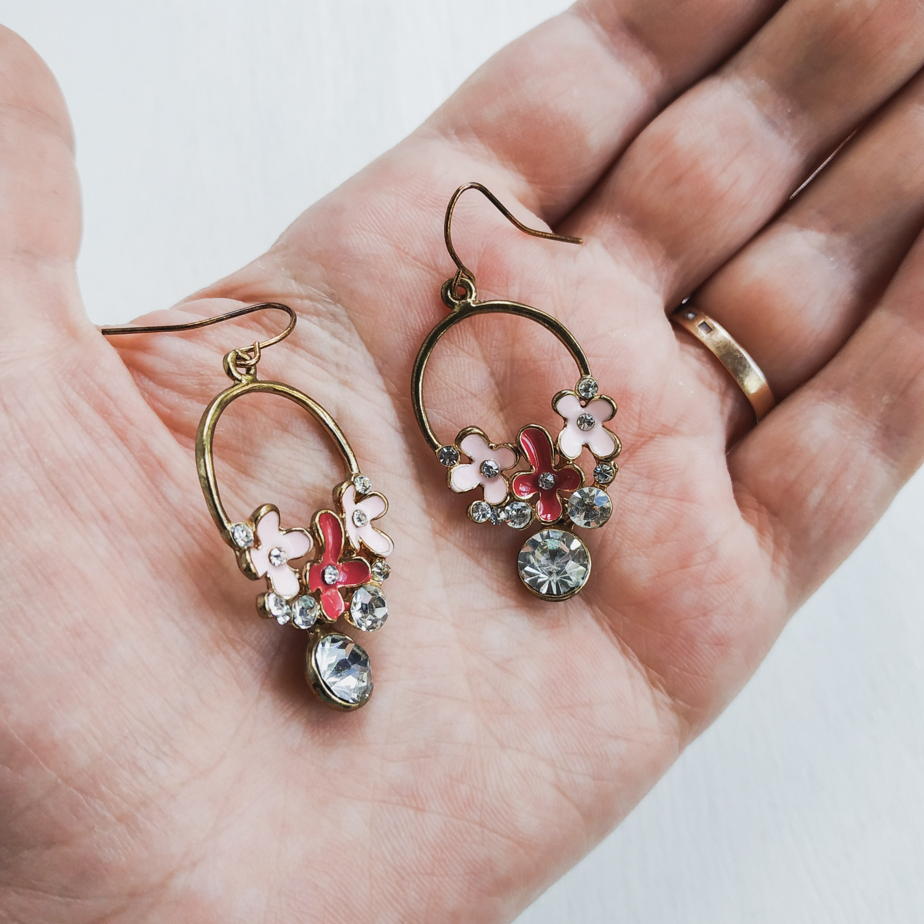 Vintage Enamel Flower Earrings with Rhinestones. Flower dangle Etsy