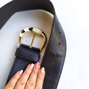 Vintage Faux Leather Waist Belt: 90s Gold Enamel Buckle