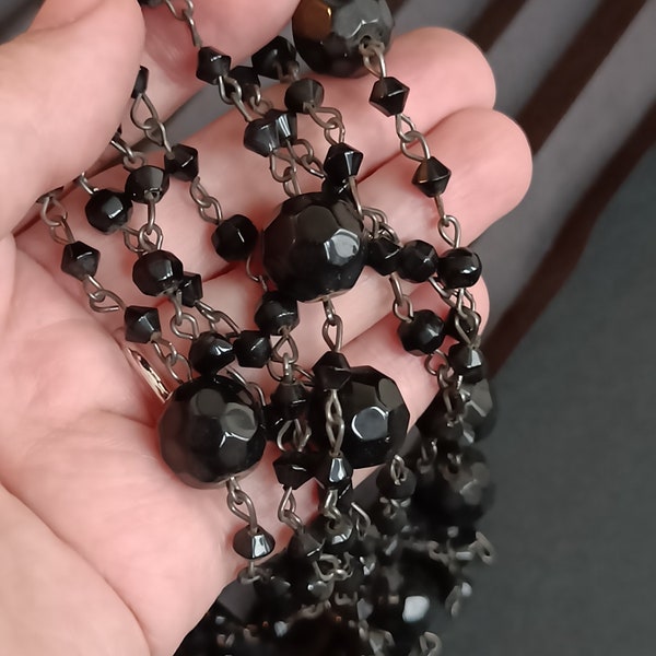 Black Glass Bead Necklace, Extra long Antique flapper necklace. Long retro beaded necklace  1950