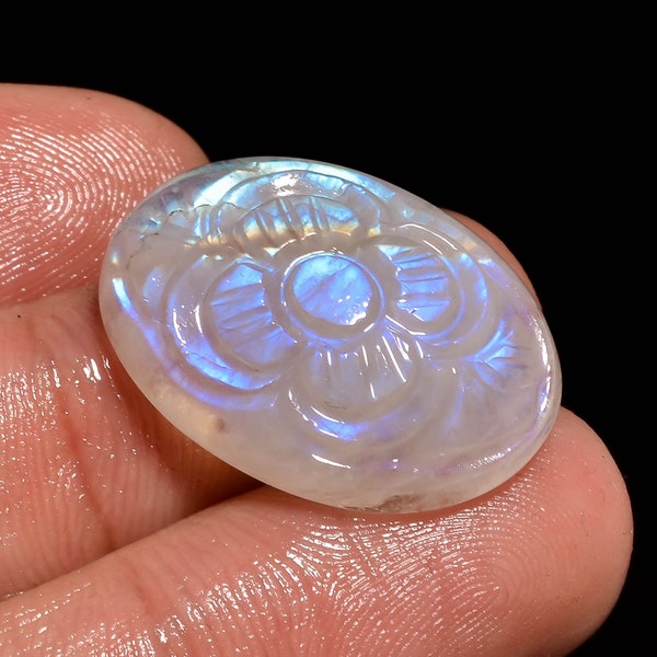 Classic AAA+ Quality 100% Natural Rainbow Moonstone Oval Shape Carved Loose Gemstone 20 Ct. For Making Jewelry 24X17X7 mm Z-481