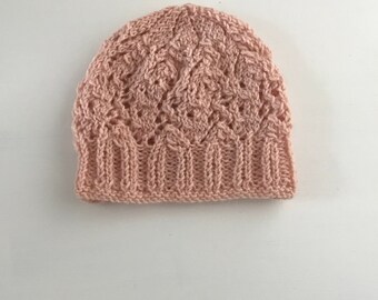 Hand knitted lace peach beanie, hand knitted lace peach hat, classic lace pattern peach beanie, classic lacey peach hat