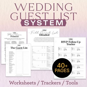 May include: A collection of wedding planning worksheets and trackers, including guest roles, guest lists, and budget trackers. The image features the text "WEDDING GUEST LIST SYSTEM" and "40+ PAGES".