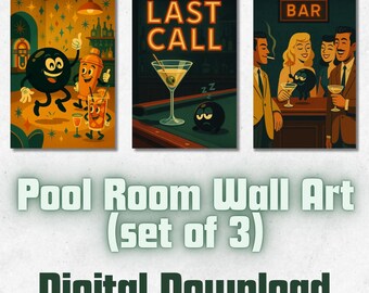Peut inclure: Ensemble de trois impressions d'art numérique sur le thème d'un bar rétro. Les impressions présentent des personnages de dessins animés, des verres à martini et le texte "LAST CALL" et "BAR". La palette de couleurs est chaude avec des nuances de marron, de jaune et de vert.
