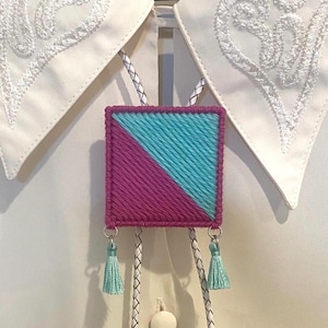 Handmade Bargello Bolo Tie – Modern Geometric Western Accessory – Unisex Funky Statement Necklace with Tassels. Handmade in Arizona.
