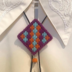 Handmade Bargello Bolo Tie – Colorful Geometric tile pattern Western Accessory – Unisex Funky Statement Necklace. Handmade in Arizona.