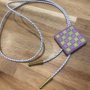 Handmade Bargello Bolo Tie – Colorful Checkerboard Western Accessory – Unisex Funky Statement Necklace. Handmade in Arizona.