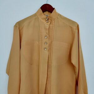 Vintage blouse for women size S-M | Yellow blouse with band collar and front pleats