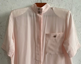 Vintage pink blouse for women Size M - L | Short sleeve summer blouse with front pleats