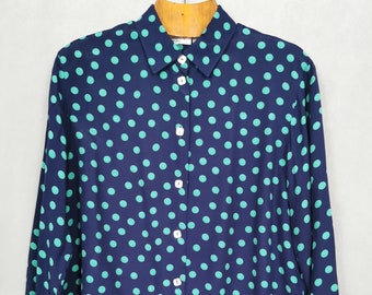 Vintage Polka Dots blouse for Women Size M - L | Navy blouse with green dots