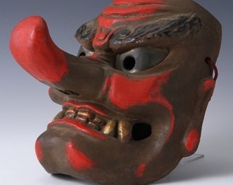 鮮やかな赤色の狂言面「赤武悪」（あかぶあく）｜手作り木製鬼面