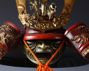 Japanese Samurai Kabuto Helmet with Mask - Gold Dragon Red Vintage Display