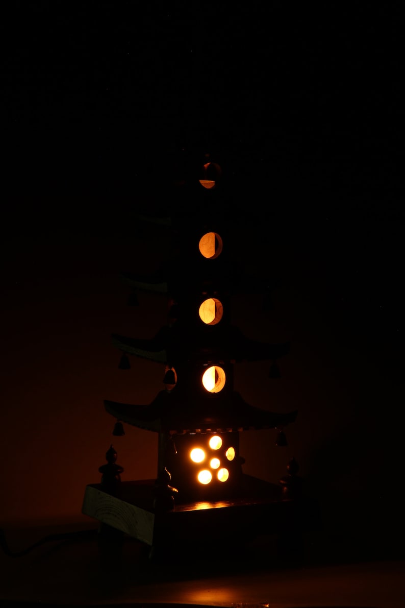 Japanese Vintage Wooden Figure Five Story Pagoda Lamp \u4e94\u91cd\u5854