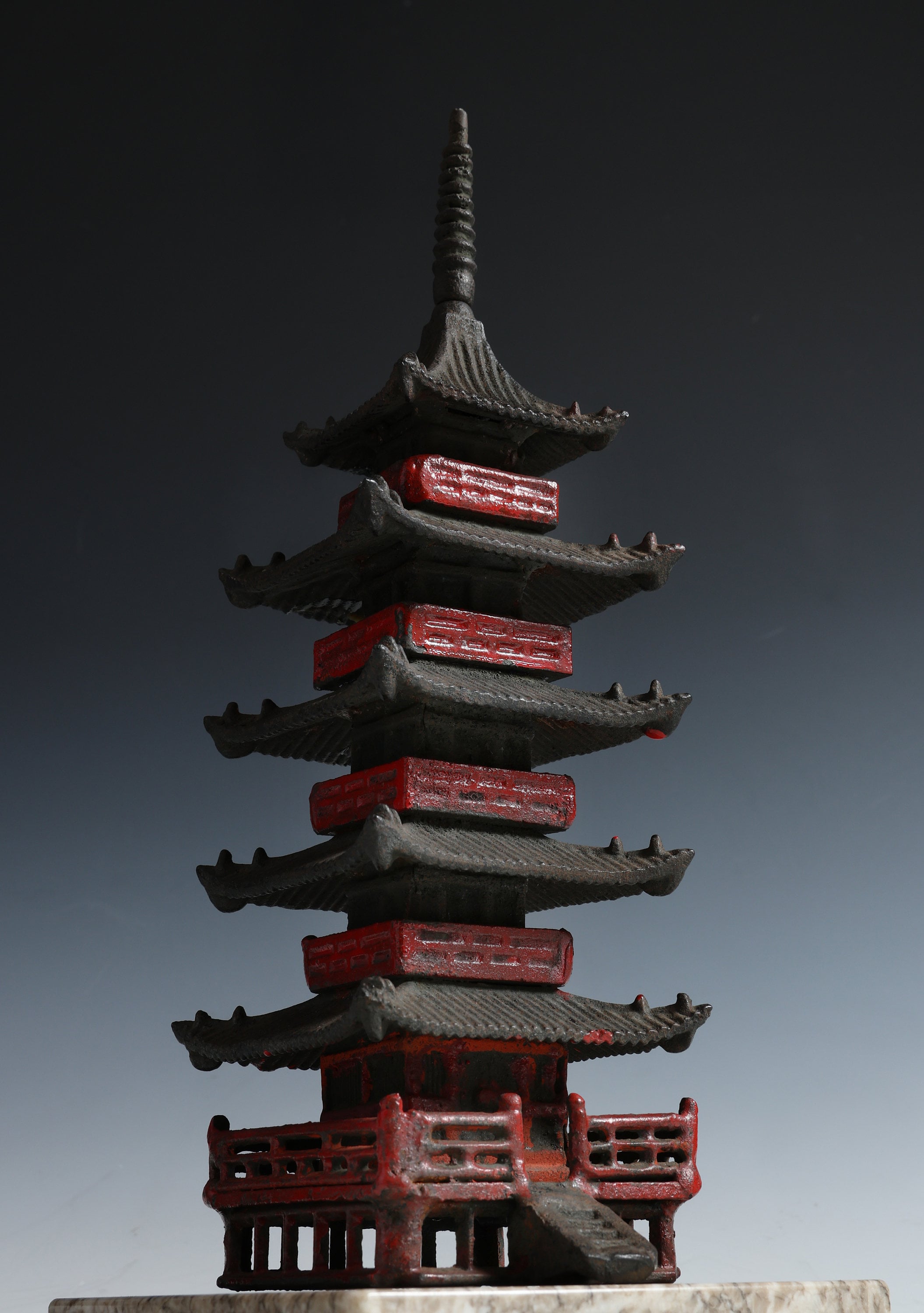 Japanese Vintage Iron Five-Story Pagoda with Marble Base