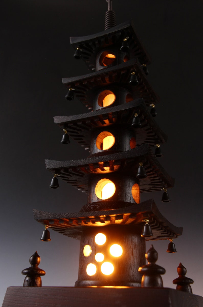 Japanese Vintage Wooden Figure Five Story Pagoda Lamp \u4e94\u91cd\u5854