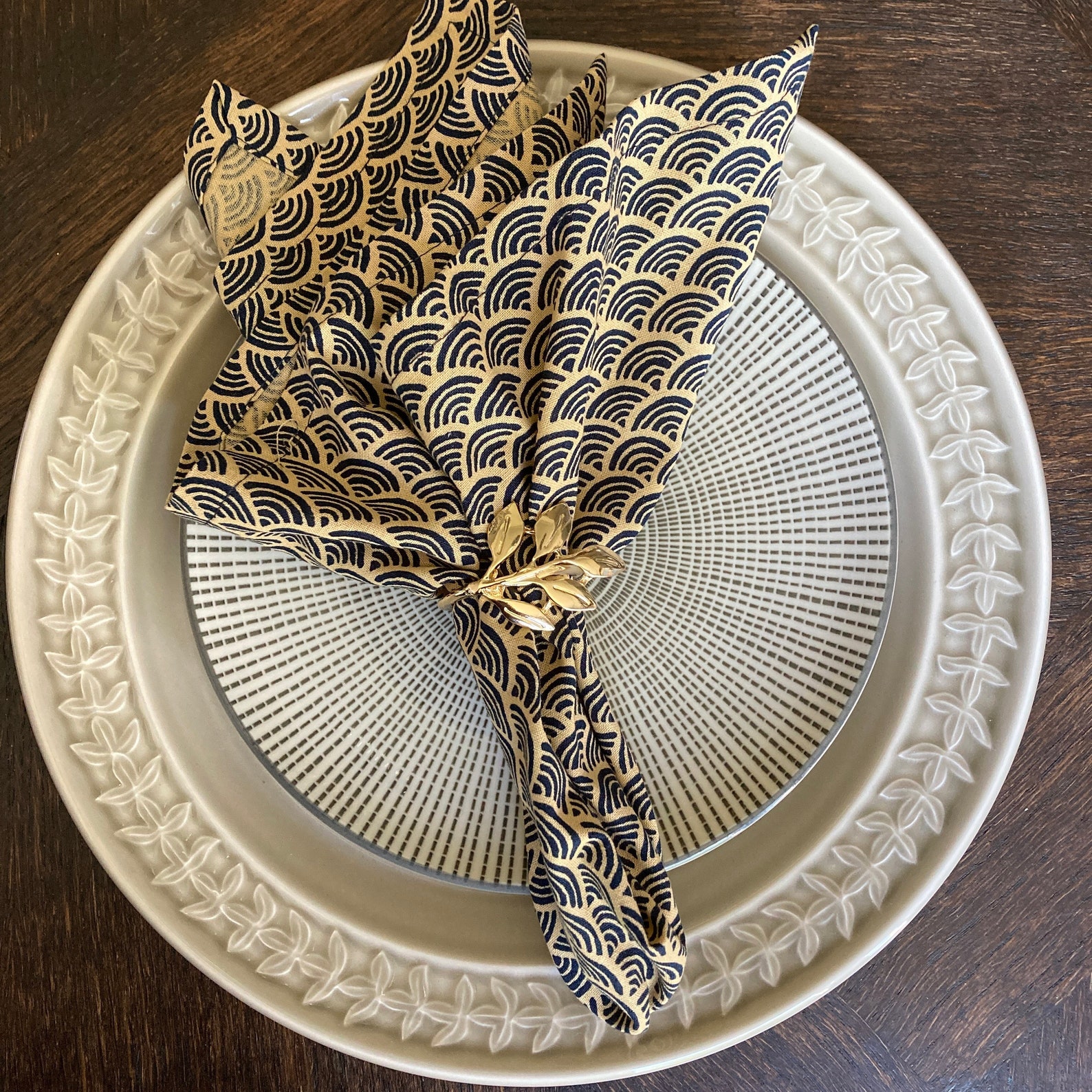 Cloth Napkin Japanese Waves Blue and Tan Cotton Pretty Etsy UK