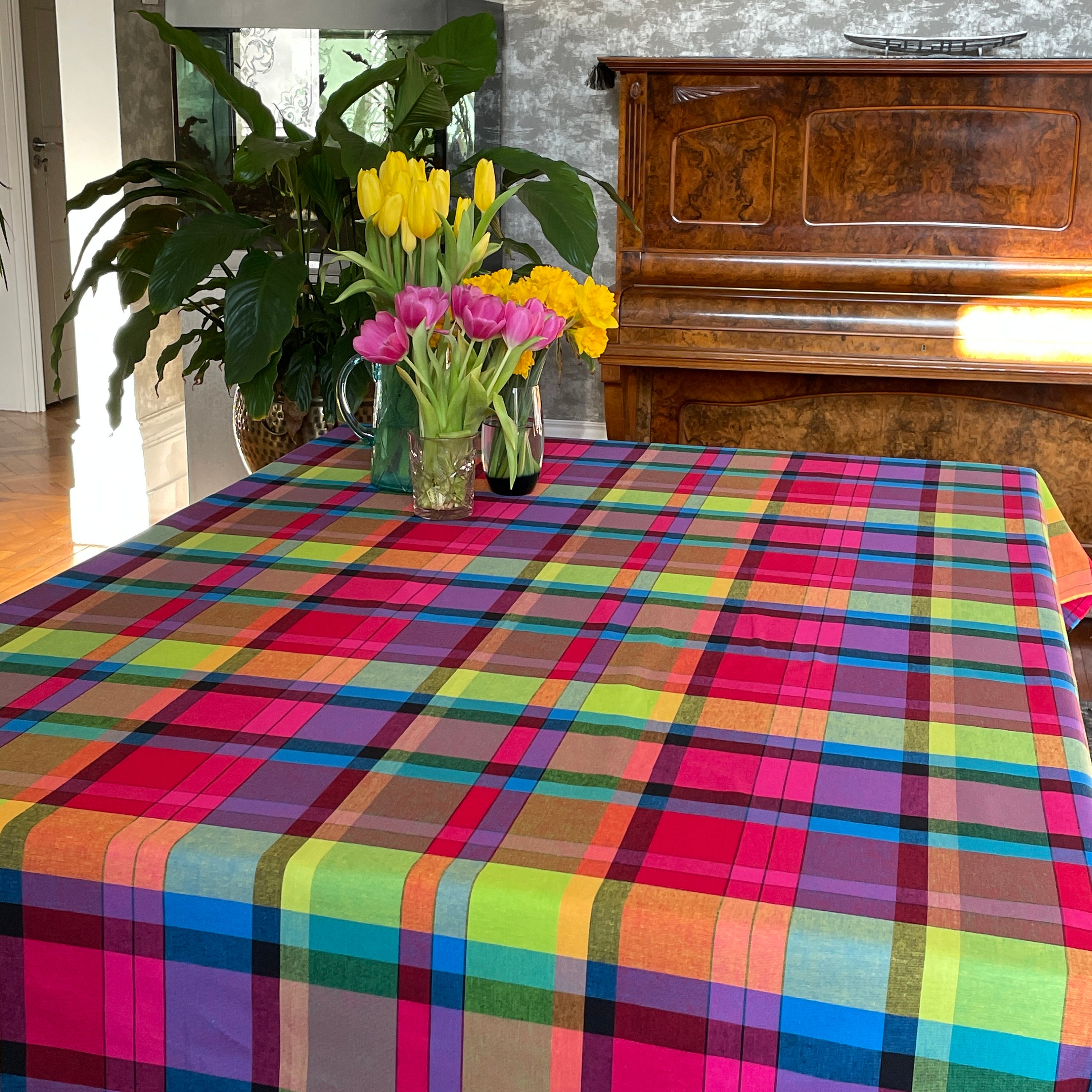 Braumhaus Cotton Tablecloth, Madras Check Plaid Tartan, Colourful Rainbow,  Housewarming Gift, Mothers Day Gift 