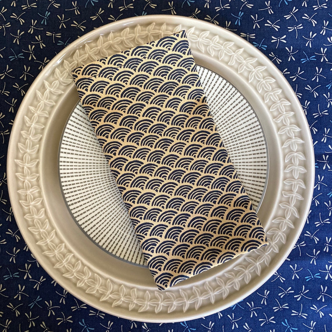 Cloth Napkins Japanese Waves Blue and Tan Cotton Pretty Etsy