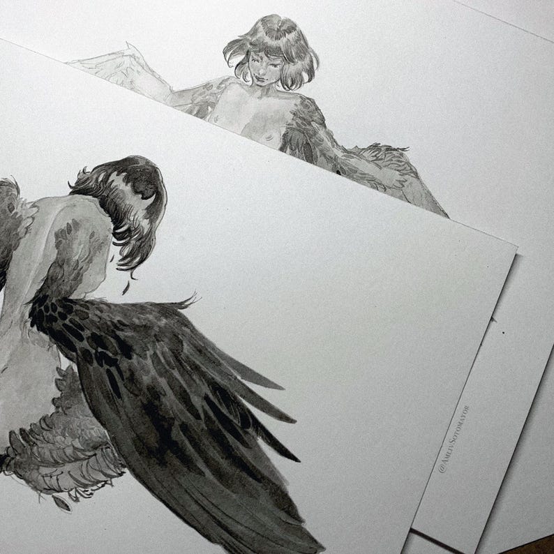 Original artwork of a Harpy mythical creature drawn in pencil and ink sitting on a bed that acts as a white background showing sizing of the original artwork.