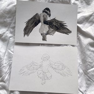 Original artwork of a Harpy mythical creature drawn in pencil and ink sitting on a bed that acts as a white background showing sizing of the original artwork.