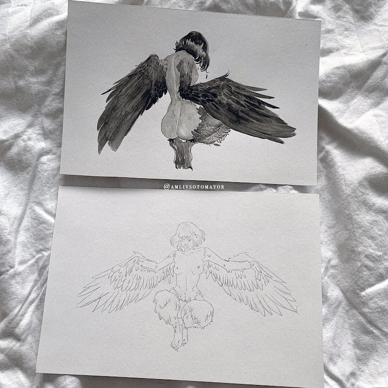Original artwork of a Harpy mythical creature drawn in pencil and ink sitting on a bed that acts as a white background showing sizing of the original artwork.