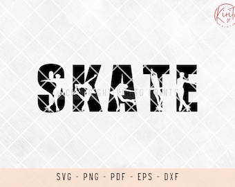 May include: Black silhouette of the word "SKATE" with figure skaters inside each letter.