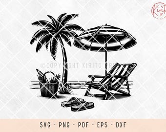 Op de afbeelding: Zwart-witte illustratie van een strandscène met een palmboom, een strandstoel, een parasol en slippers.