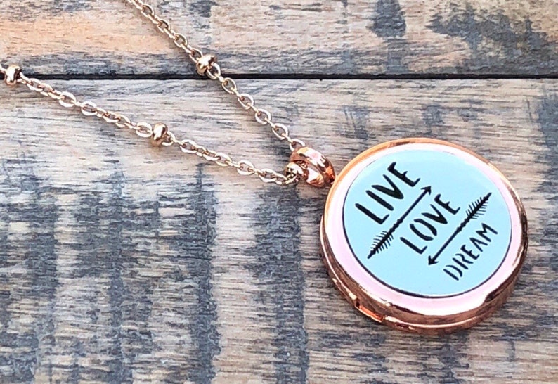 Live Love Dream Essential oil Diffuser~ Rose Gold oil Diffuser~ Inspirational Gift Diffuser Necklaces