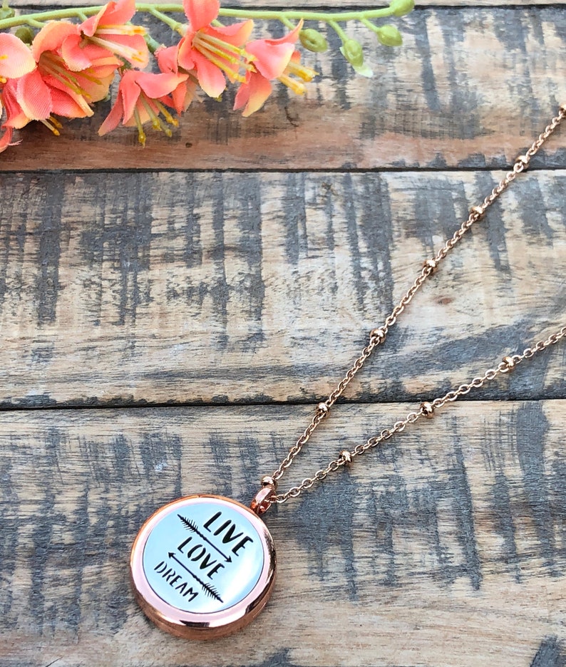 Live Love Dream Essential oil Diffuser~ Rose Gold oil Diffuser~ Inspirational Gift Diffuser Necklaces