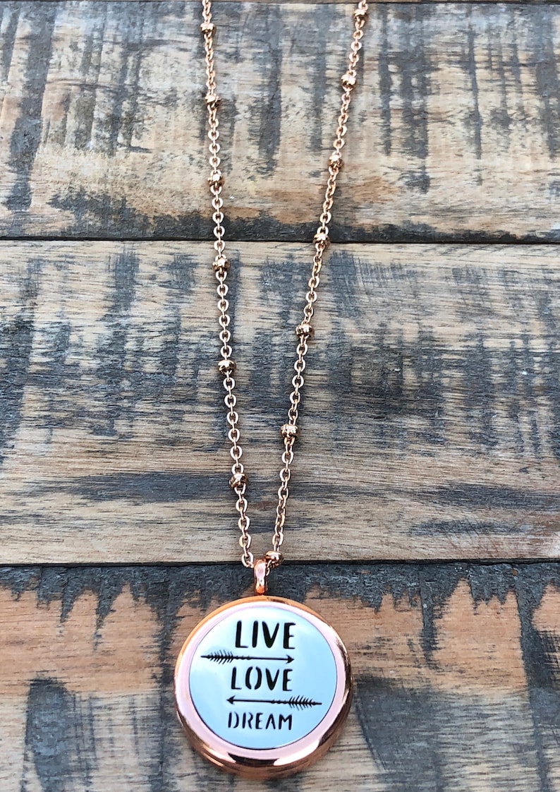 Live Love Dream Essential oil Diffuser~ Rose Gold oil Diffuser~ Inspirational Gift Diffuser Necklaces