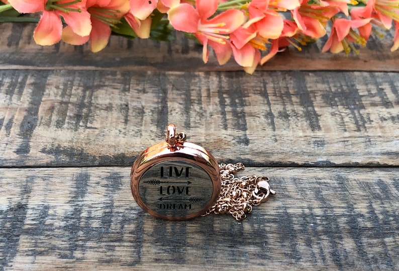 Live Love Dream Essential oil Diffuser~ Rose Gold oil Diffuser~ Inspirational Gift Diffuser Necklaces