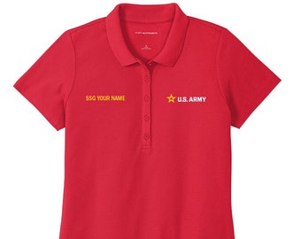 RED Women's U. S. Army polo golf shirt. Personalized Army polo shirt.