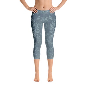 Dusty Blue Leaves - Capri Leggings