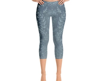 Dusty Blue Leaves - Capri Leggings
