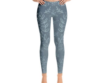Dusty Blue Leaves Full Length Leggings