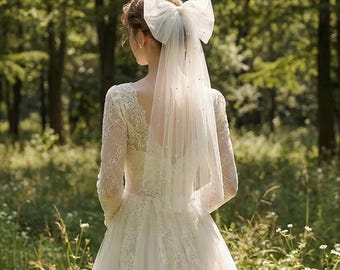 Velo da sposa In Heaven Match con fiocco / Tulle morbido con perle luminose / Velo corto con clip / Accessorio per capelli da sposa