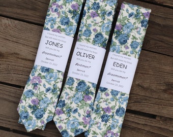 Handmade 100% Cotton Dusty Blue Floral Tie, Bow Tie, Pocket Square